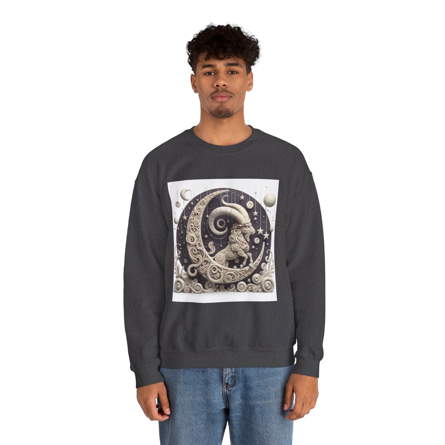 Unisex Heavy Blend™ Crewneck Sweatshirt, Stone Moon, Capricorn Zodiac Design