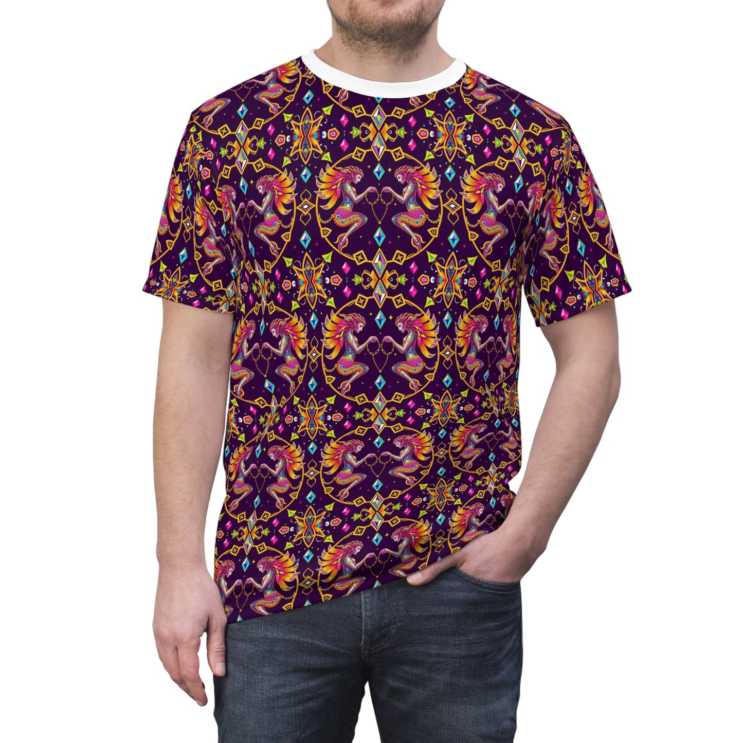 Unisex Cut & Sew T-Shirt, (AOP), Gemini, Zodiac v2, Jewels Pattern