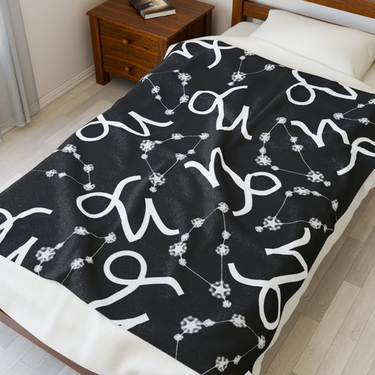 Velveteen Plush Blanket, Capricorn Zodiac Sign, Constellation & Symbol, Black, 100% polyester