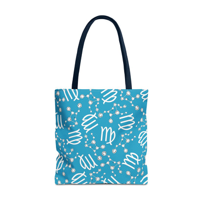 Tote Bag, Virgo Zodiac Sign, AOP, (Turquoise, White)