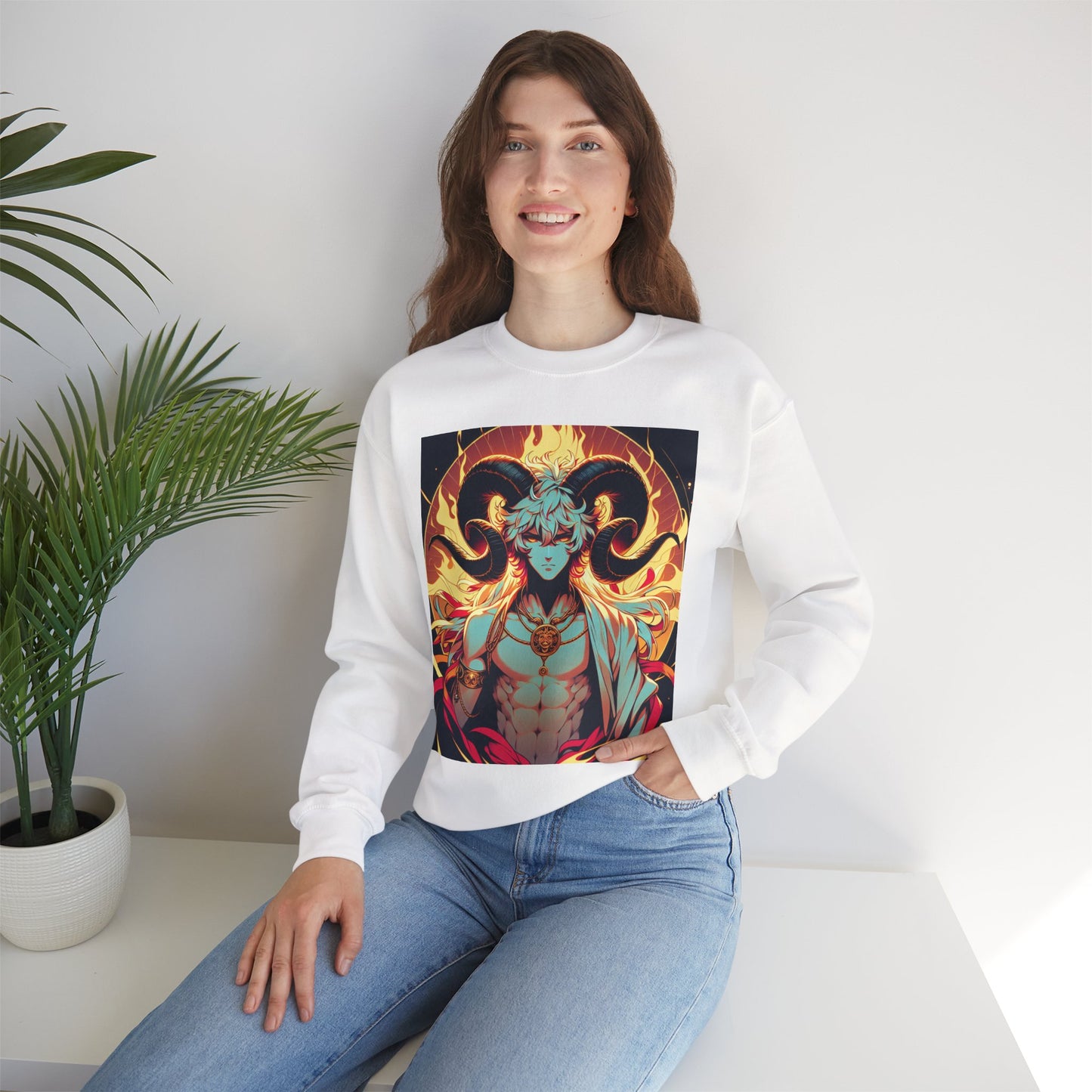 Unisex Heavy Blend™ Crewneck Sweatshirt, Anime Fire Aries, Zodiac Design