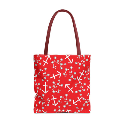 Tote Bag, Sagittarius Zodiac Sign, AOP, (Red, White Print)