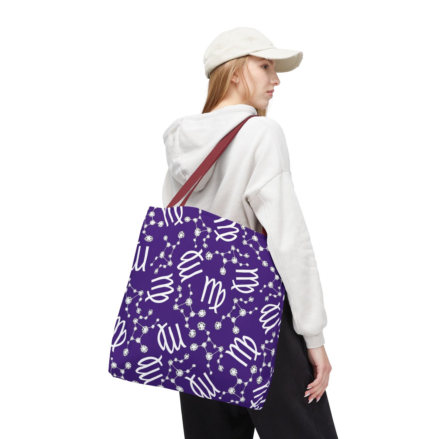 Tote Bag, Virgo Zodiac Sign, AOP, (Purple, White)