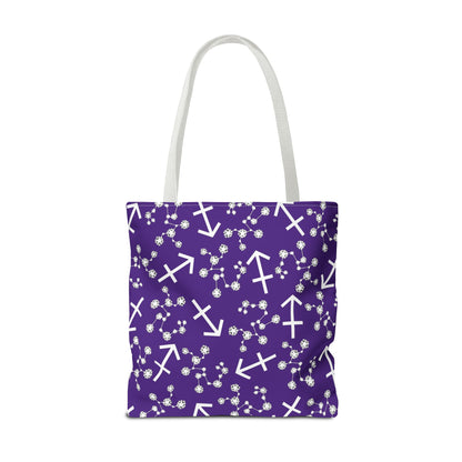 Tote Bag, Sagittarius Zodiac Sign, AOP, (Purple, White Print)