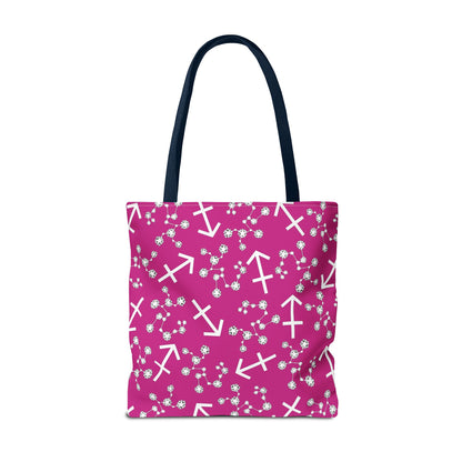Tote Bag, Sagittarius Zodiac Sign, AOP, (Pink, White Print)