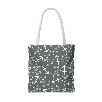 Tote Bag, Sagittarius Zodiac Sign, AOP, (Grey, White Print)