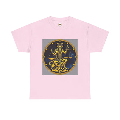 Unisex Heavy Cotton T-Shirt, Gold v1, Libra God, Zodiac Design