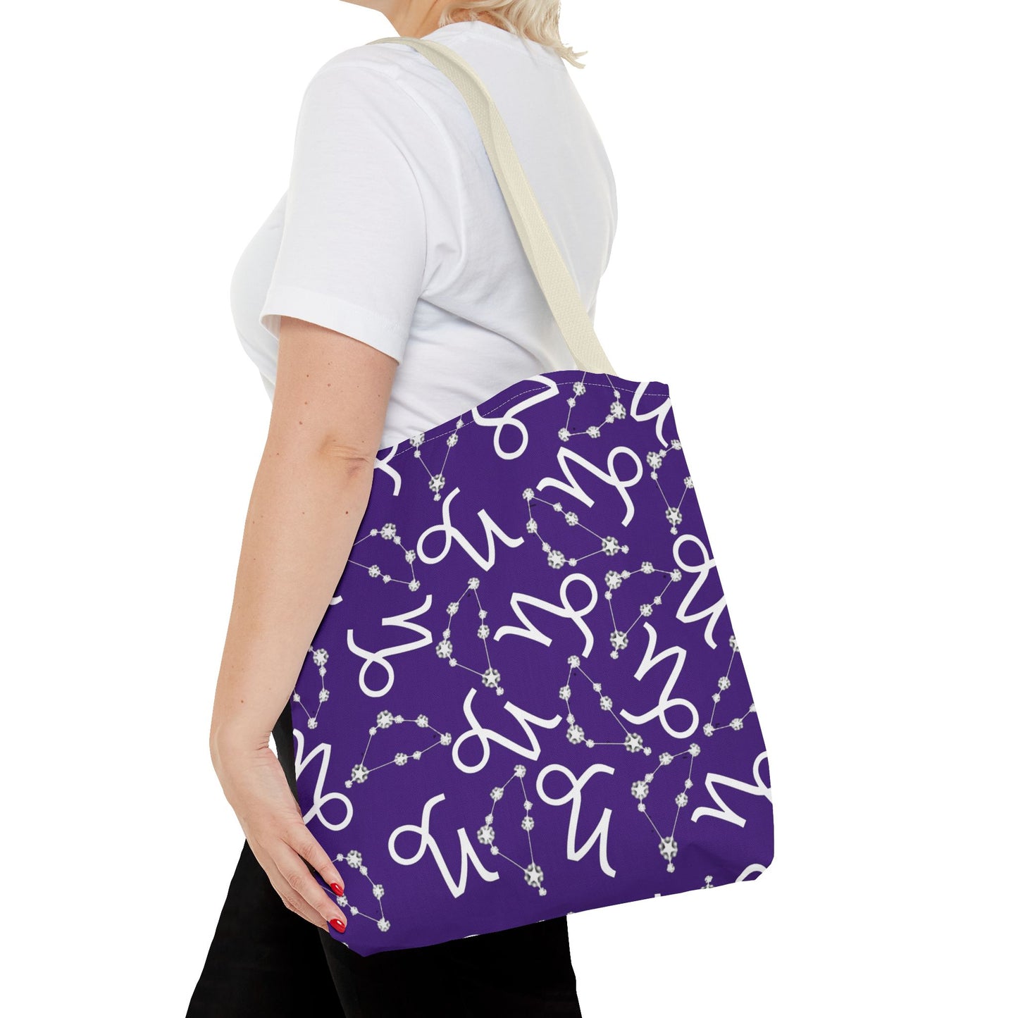 Tote Bag, Capricorn Zodiac Sign, AOP, (Purple, White)