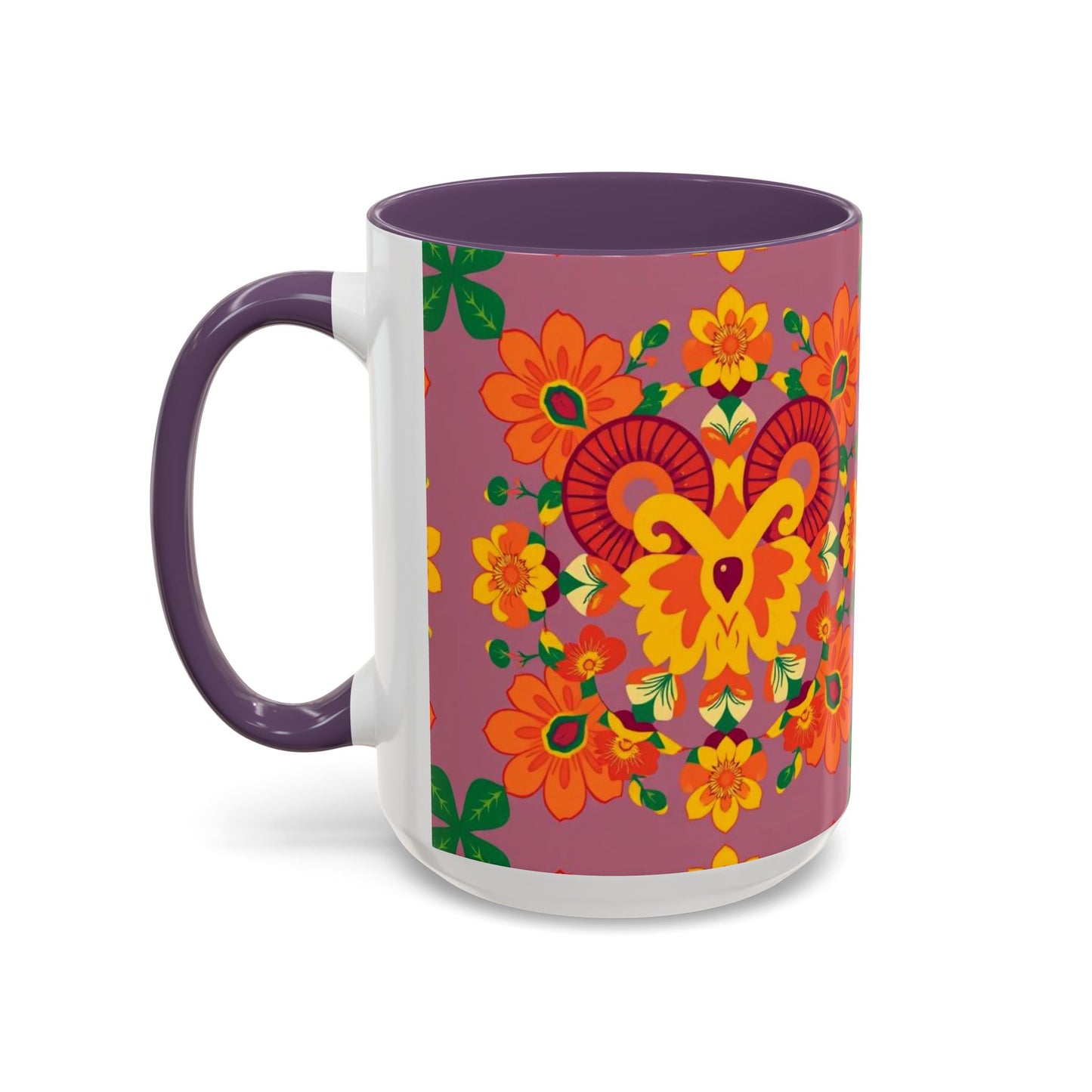 Accent Coffee Mug, Aries, Zodiac v1, Flower Pattern, (11, 15oz)