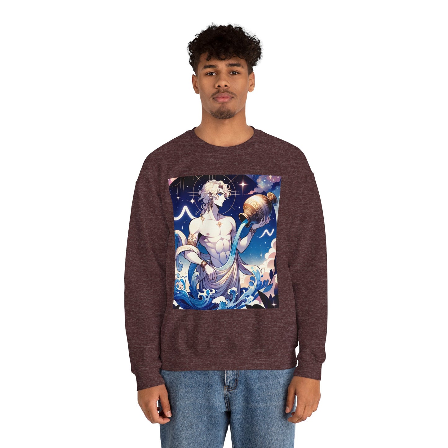 Unisex Heavy Blend™ Crewneck Sweatshirt, Anime Aqua God, Aquarius Zodiac Design