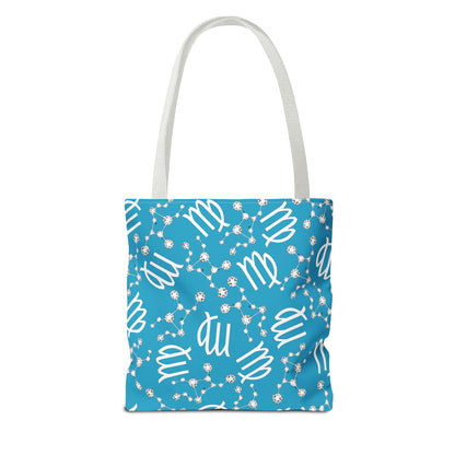 Tote Bag, Virgo Zodiac Sign, AOP, (Turquoise, White)