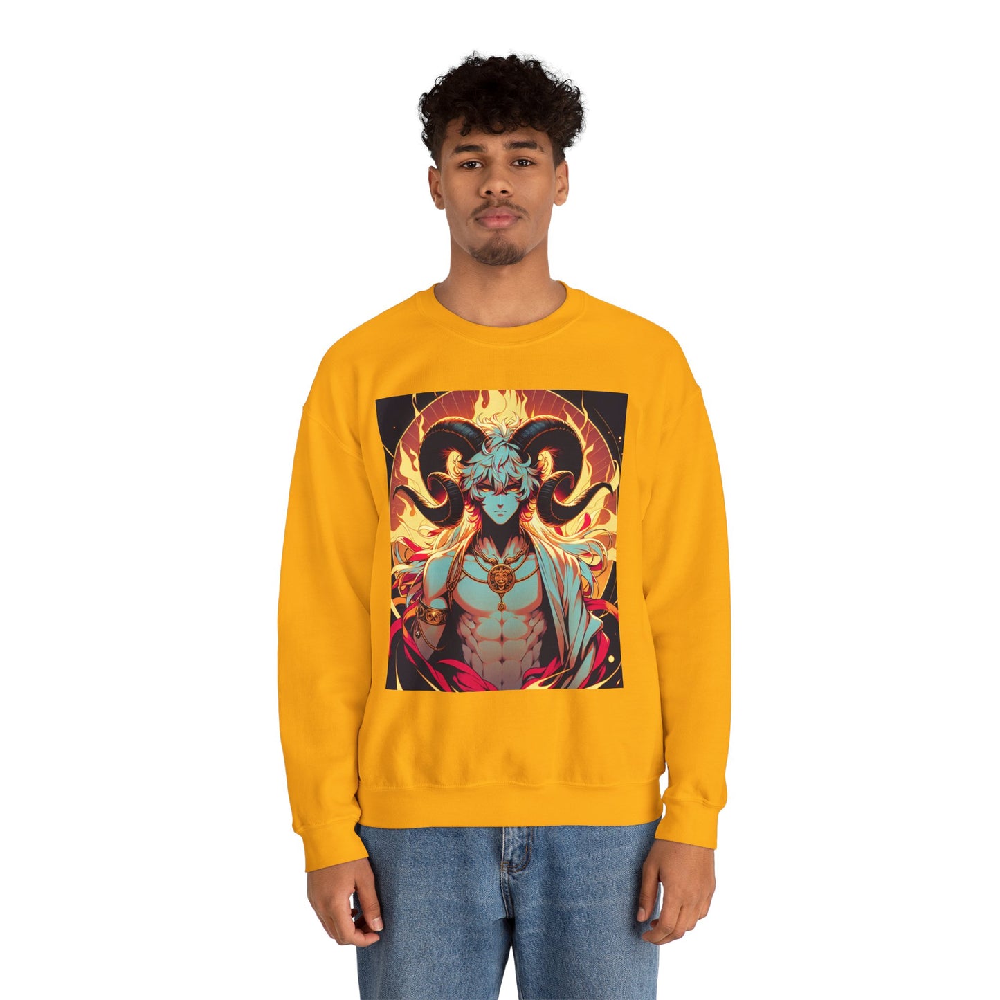 Unisex Heavy Blend™ Crewneck Sweatshirt, Anime Fire Aries, Zodiac Design