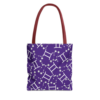 Tote Bag, Gemini Zodiac Sign, AOP, (Purple, White Print)