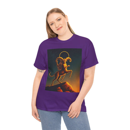 Unisex Heavy Cotton T-Shirt, Mountain Top 1v, Aries Zodiac Design