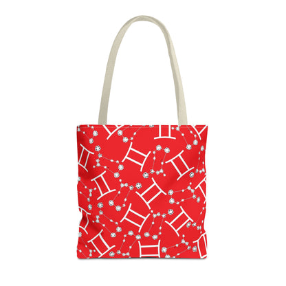 Tote Bag, Gemini Zodiac Sign, AOP, (Red, White Print)