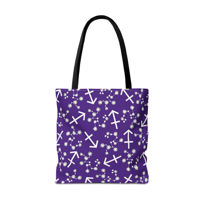 Tote Bag, Sagittarius Zodiac Sign, AOP, (Purple, White Print)