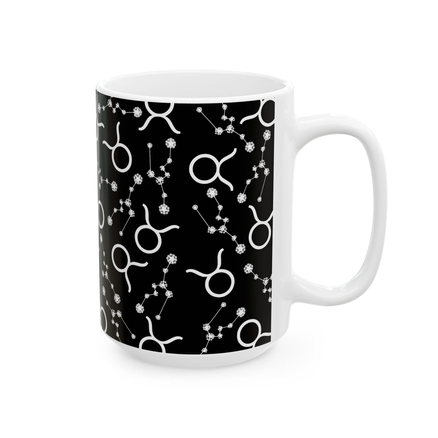 Ceramic Mug, (11oz, 15oz), Ceramic Coffee Mug, Black AOP, Taurus Zodiac Design