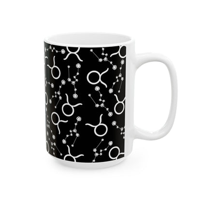 Ceramic Mug, (11oz, 15oz), Ceramic Coffee Mug, Black AOP, Taurus Zodiac Design