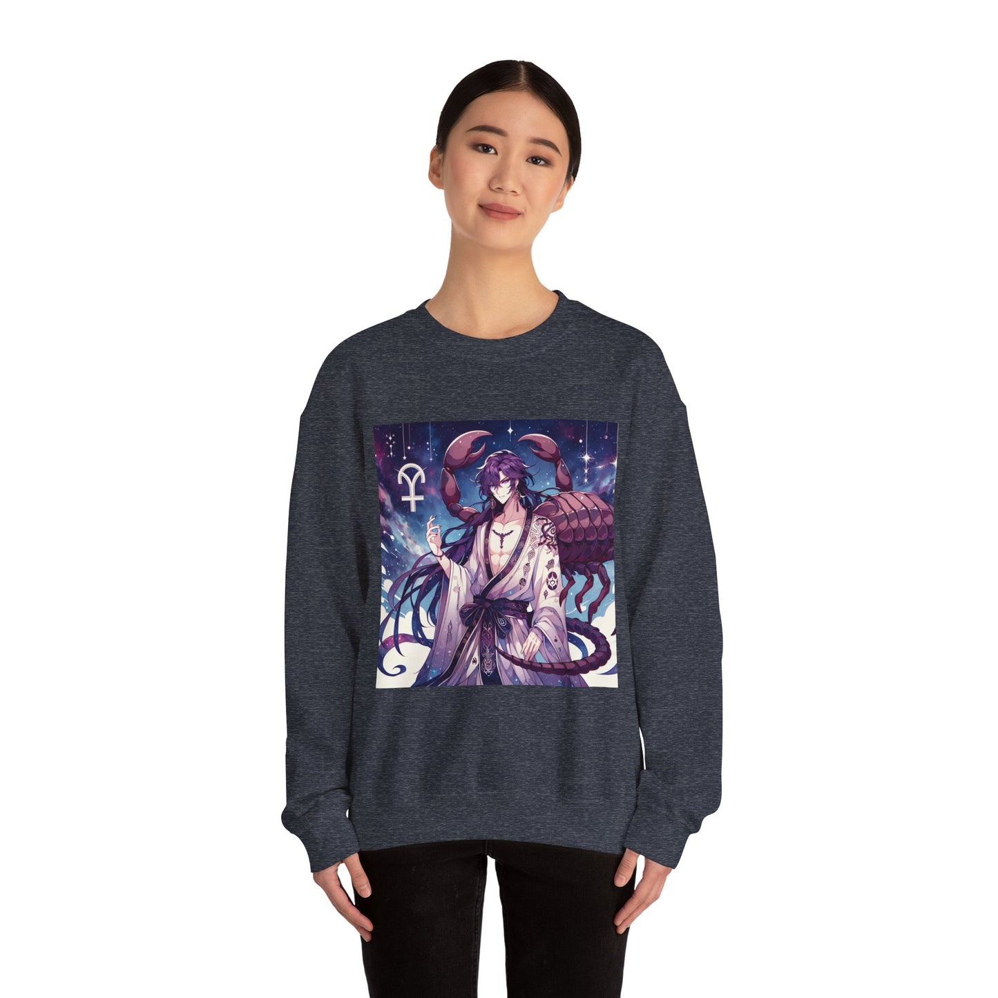 Unisex Heavy Blend™ Crewneck Sweatshirt, Scorpio Zodiac Design, purple scorpion anime