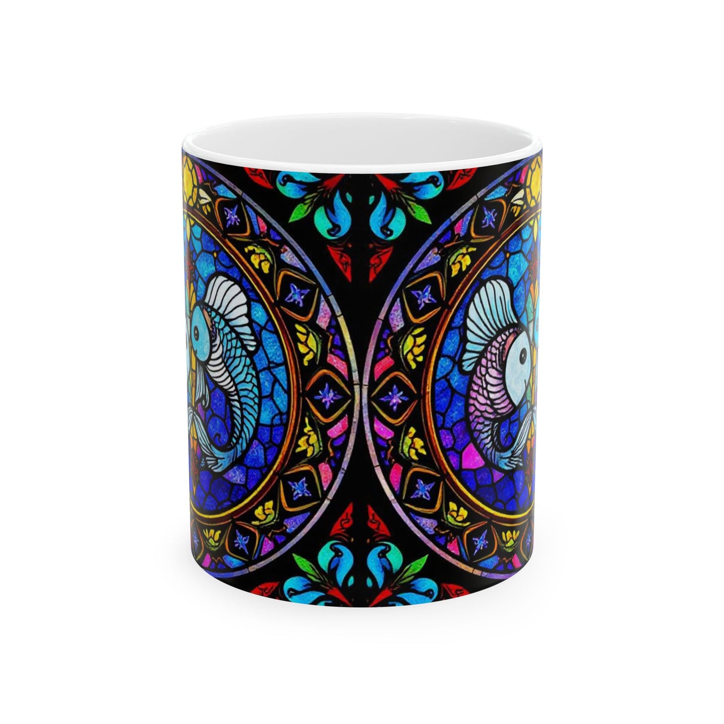 Ceramic Mug, (11oz, 15oz), Ceramic Coffee Mug, AOP, Glass Design v1, Pisces Zodiac Sign