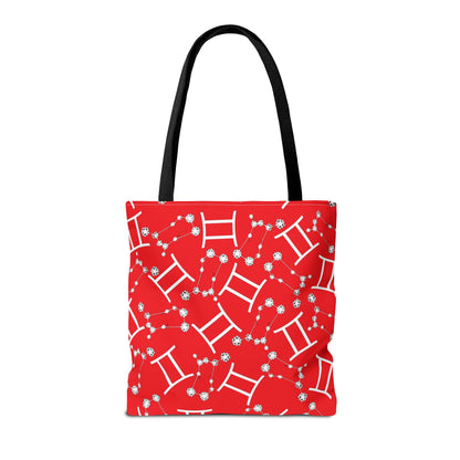Tote Bag, Gemini Zodiac Sign, AOP, (Red, White Print)