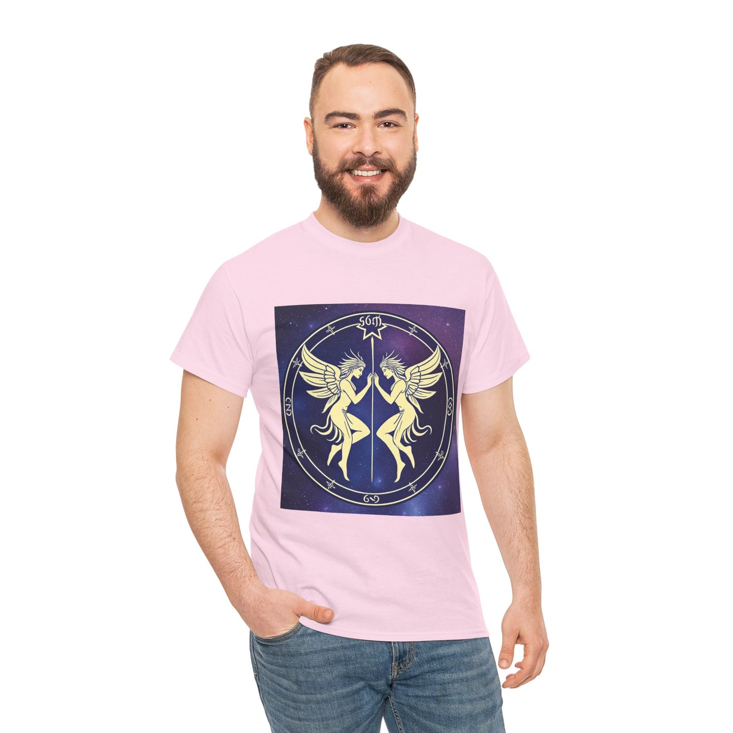 Unisex Heavy Cotton T-Shirt, Space Angel Twins, Gemini Zodiac Design