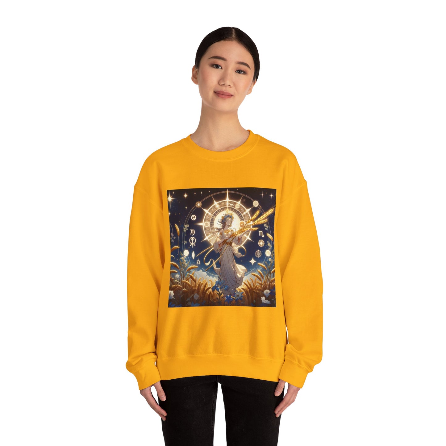 Unisex Heavy Blend™ Crewneck Sweatshirt, anime girl in wheat field, Virgo Zodiac Design