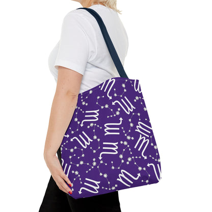 Tote Bag, Scorpio Zodiac Sign, AOP, (Purple, White)