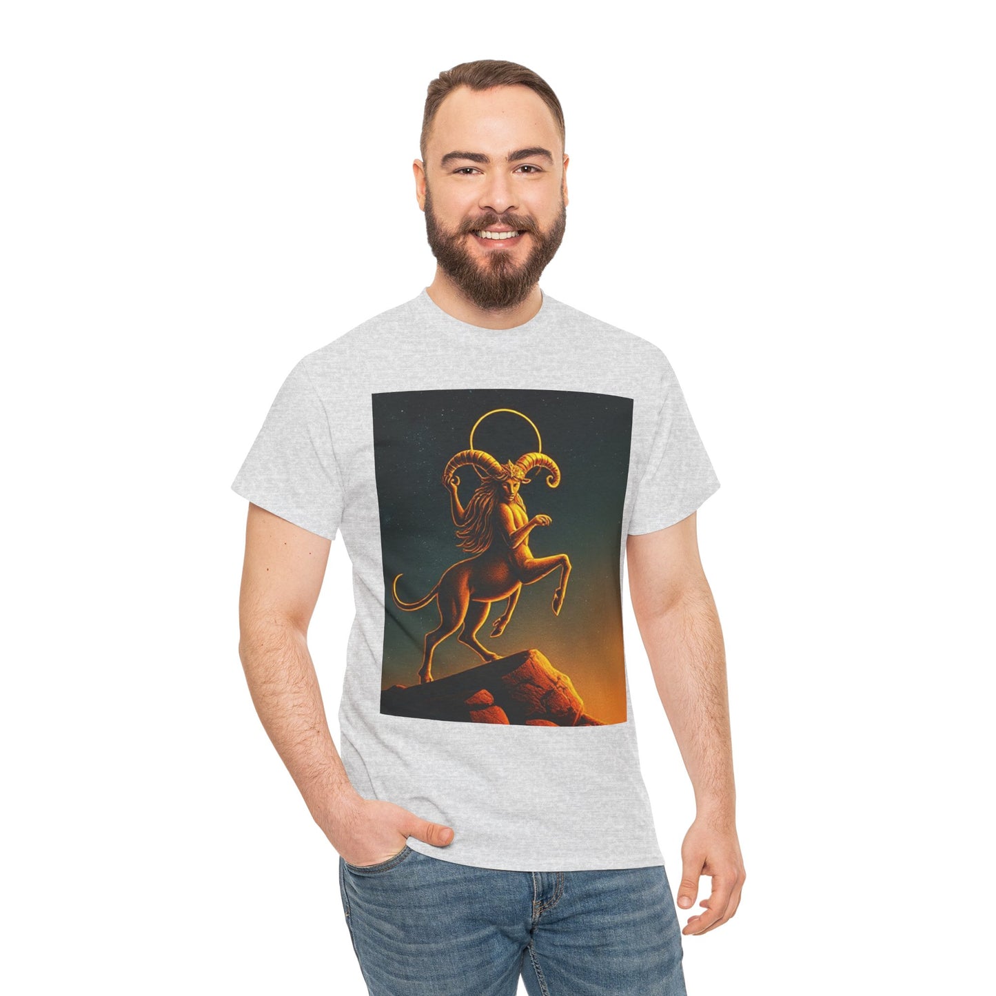 Unisex Heavy Cotton T-Shirt, Mountain Top, Aries Zodiac Design