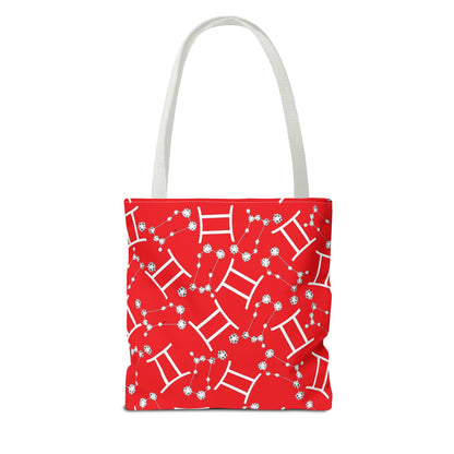 Tote Bag, Gemini Zodiac Sign, AOP, (Red, White Print)
