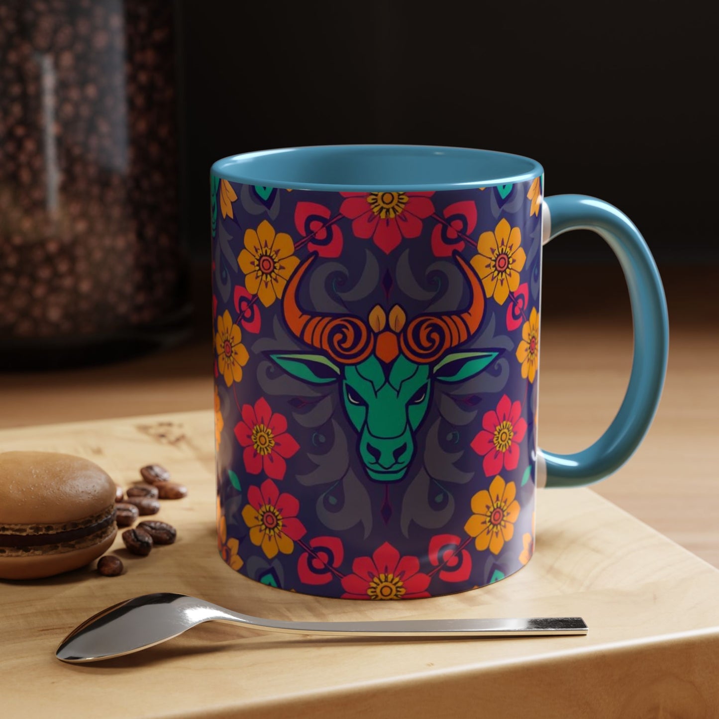 Accent Coffee Mug, Taurus, Zodiac. Flower Pattern, (11, 15oz)