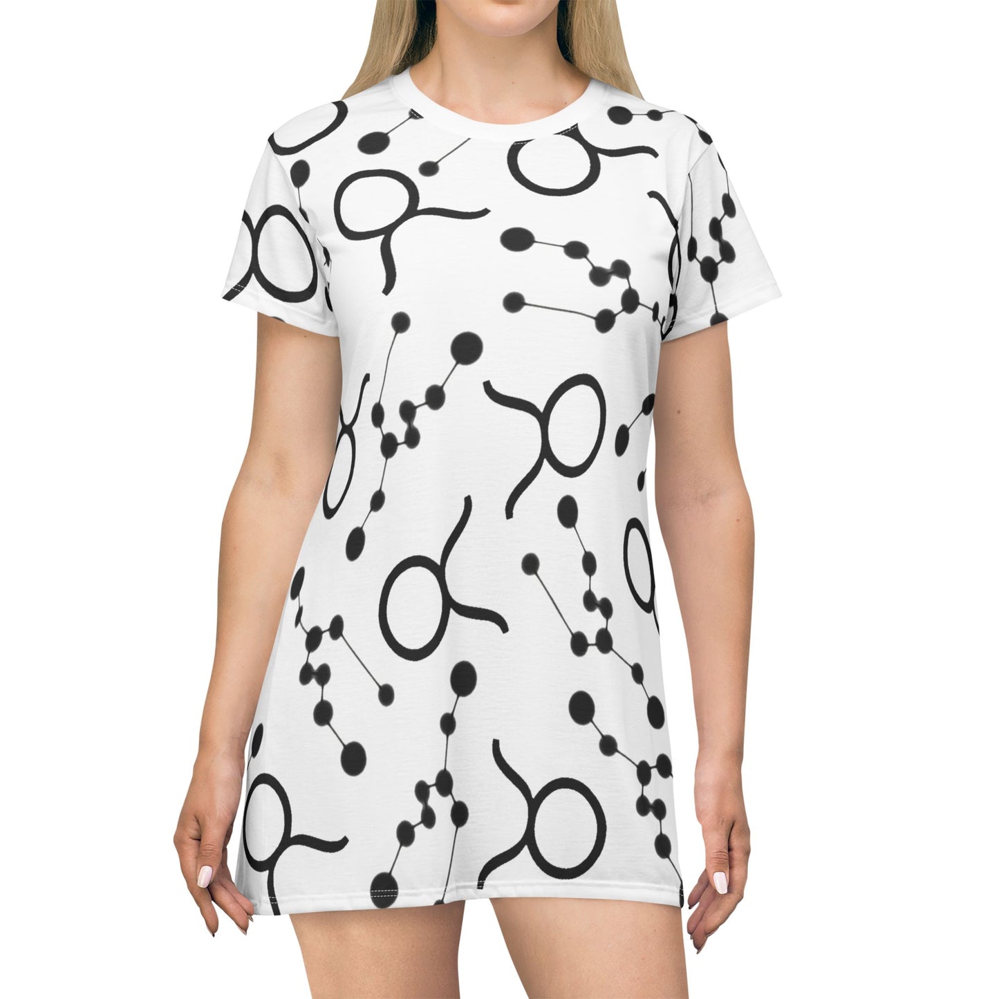 T-Shirt Dress (AOP), 100% Polyester, White thread color, Taurus Zodiac design