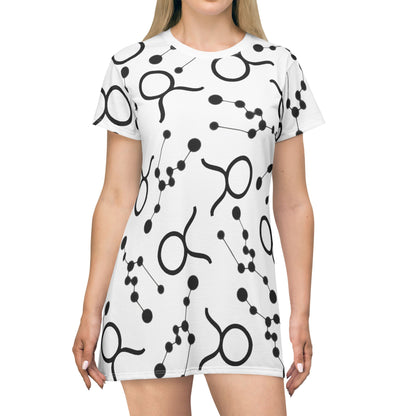 T-Shirt Dress (AOP), 100% Polyester, White thread color, Taurus Zodiac design