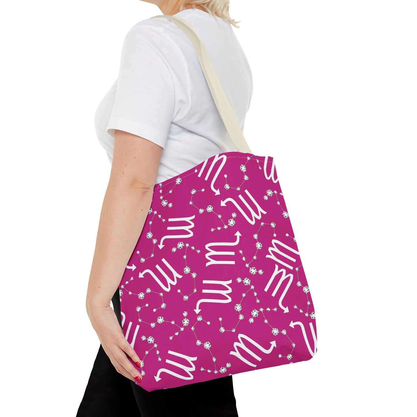 Tote Bag, Scorpio Zodiac Sign, AOP, (Pink, White)