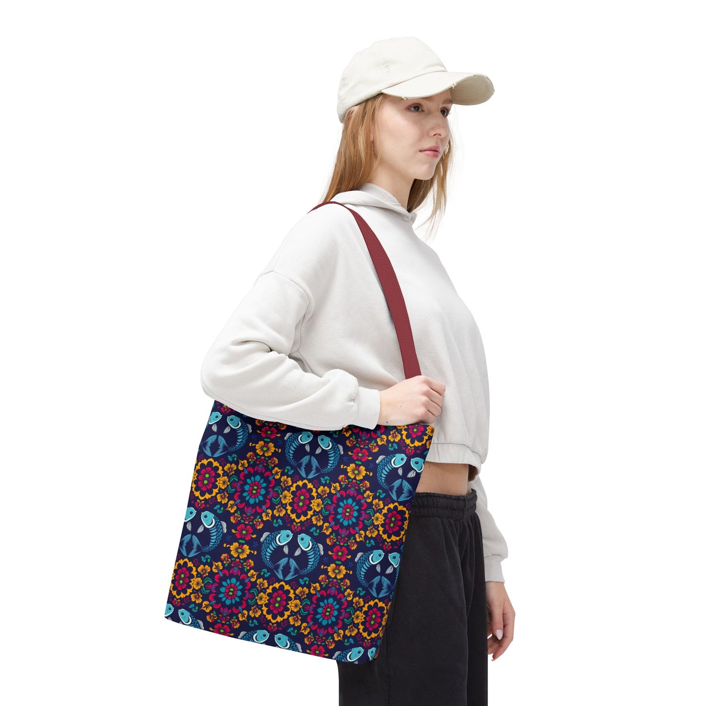 Tote Bag, (AOP), Pisces, Zodiac v3, Flower Pattern