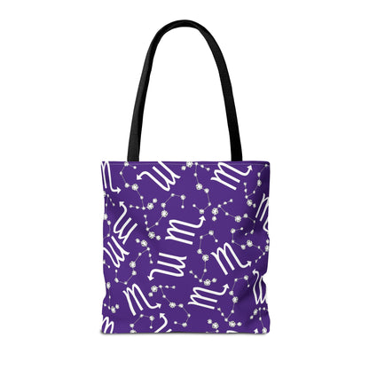 Tote Bag, Scorpio Zodiac Sign, AOP, (Purple, White)