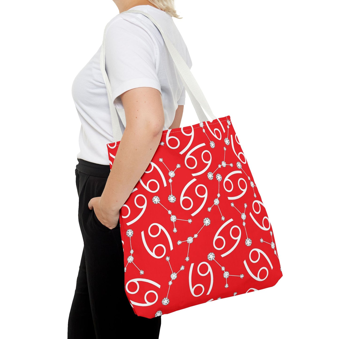 Tote Bag, Cancer Zodiac Sign, AOP, (Red, White)
