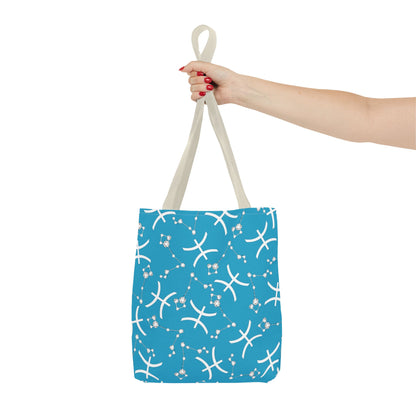 Tote Bag, Pisces Zodiac Sign, AOP, (Turquoise, White)