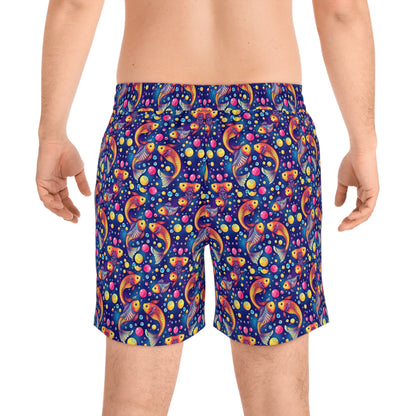 Men's Mid-Length Swim Shorts, (AOP), Pisces, Zodiac v4, Bubble Pattern