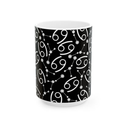 Ceramic Mug, (11oz, 15oz), Ceramic Coffee Mug, Black AOP, Cancer Zodiac Design