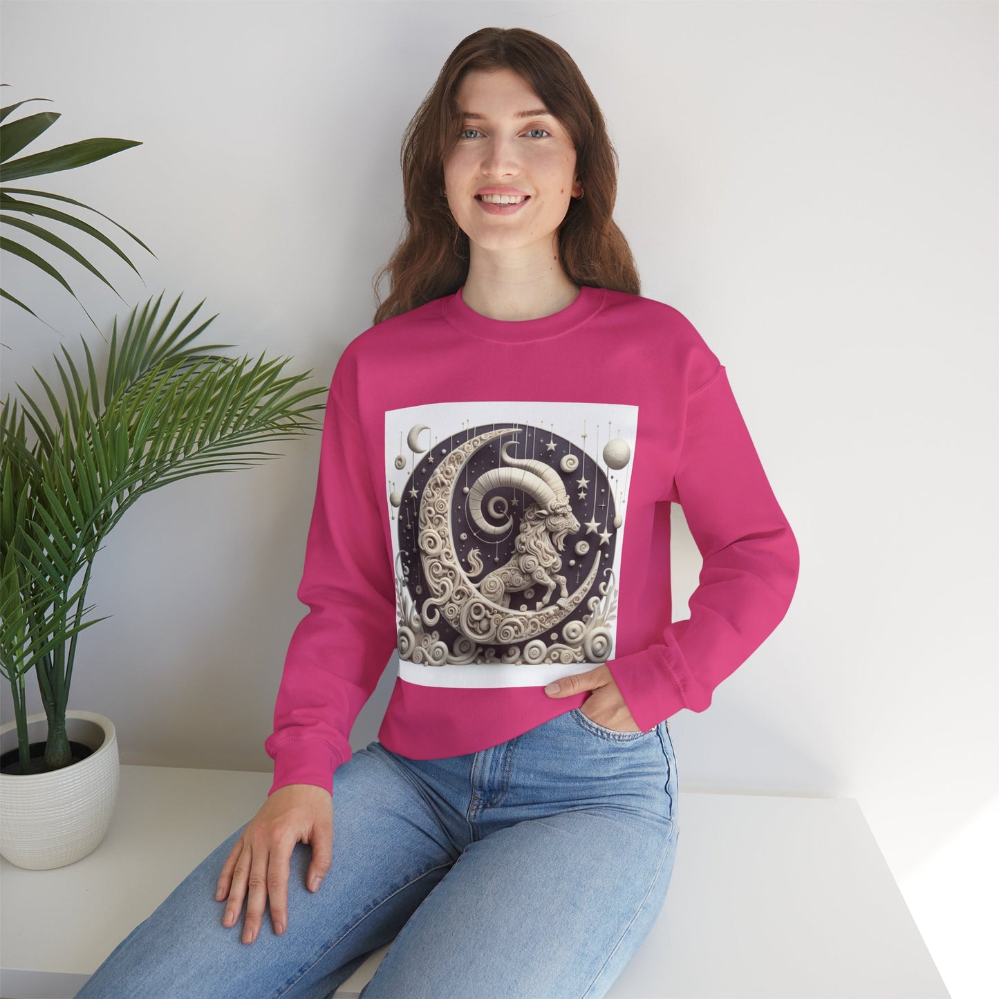 Unisex Heavy Blend™ Crewneck Sweatshirt, Stone Moon, Capricorn Zodiac Design