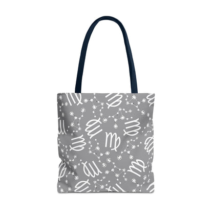 Tote Bag, Virgo Zodiac Sign, AOP, (Grey, White)