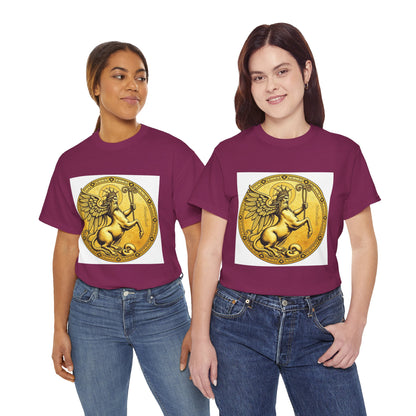 Unisex Heavy Cotton T-Shirt, Golden Angel Coin, Virgo Zodiac Design