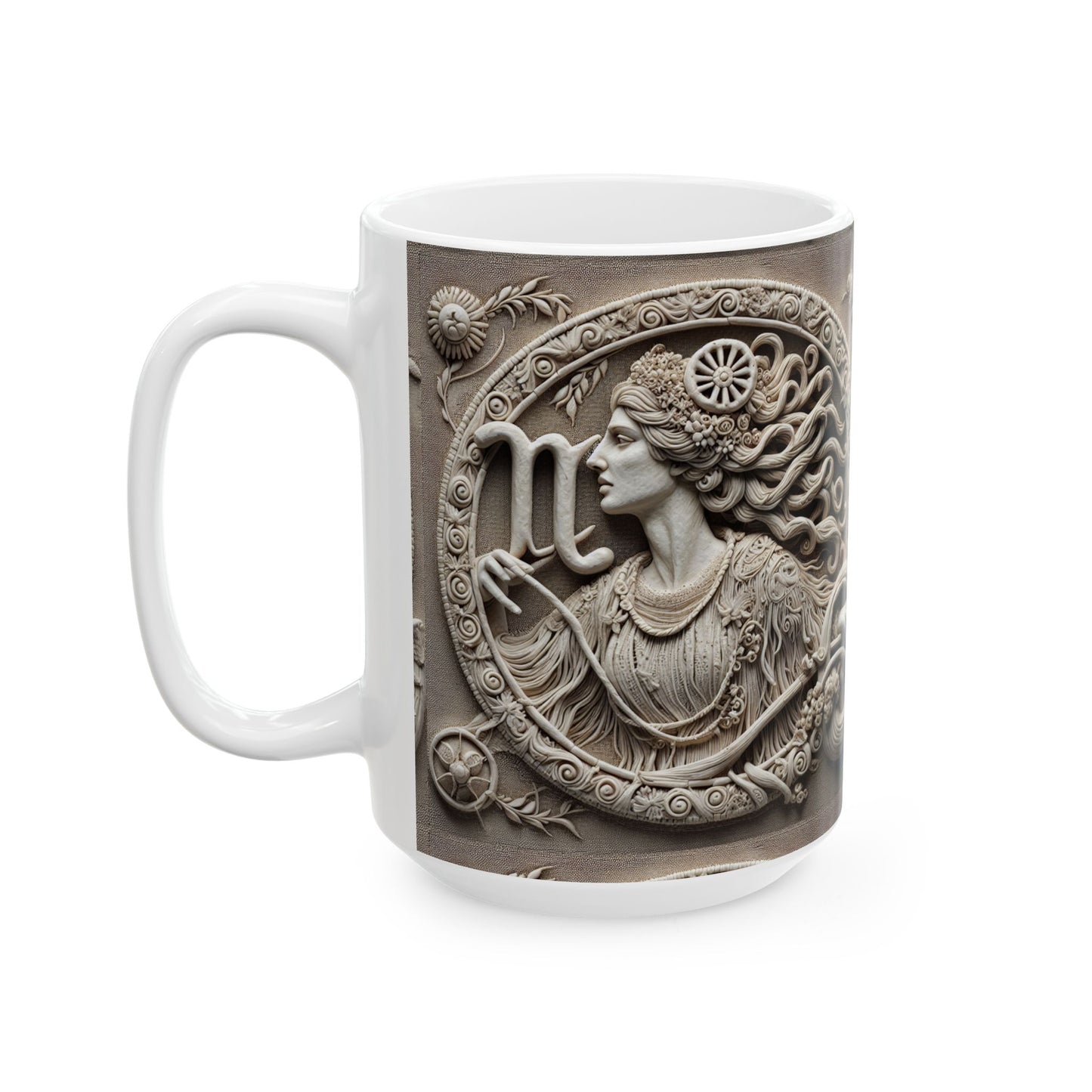 Ceramic Mug, (11oz, 15oz), Ceramic Coffee Mug, Woman Stone Carving, Virgo Zodiac Design