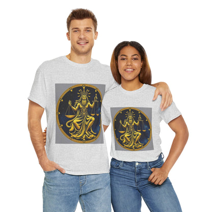 Unisex Heavy Cotton T-Shirt, Gold v1, Libra God, Zodiac Design