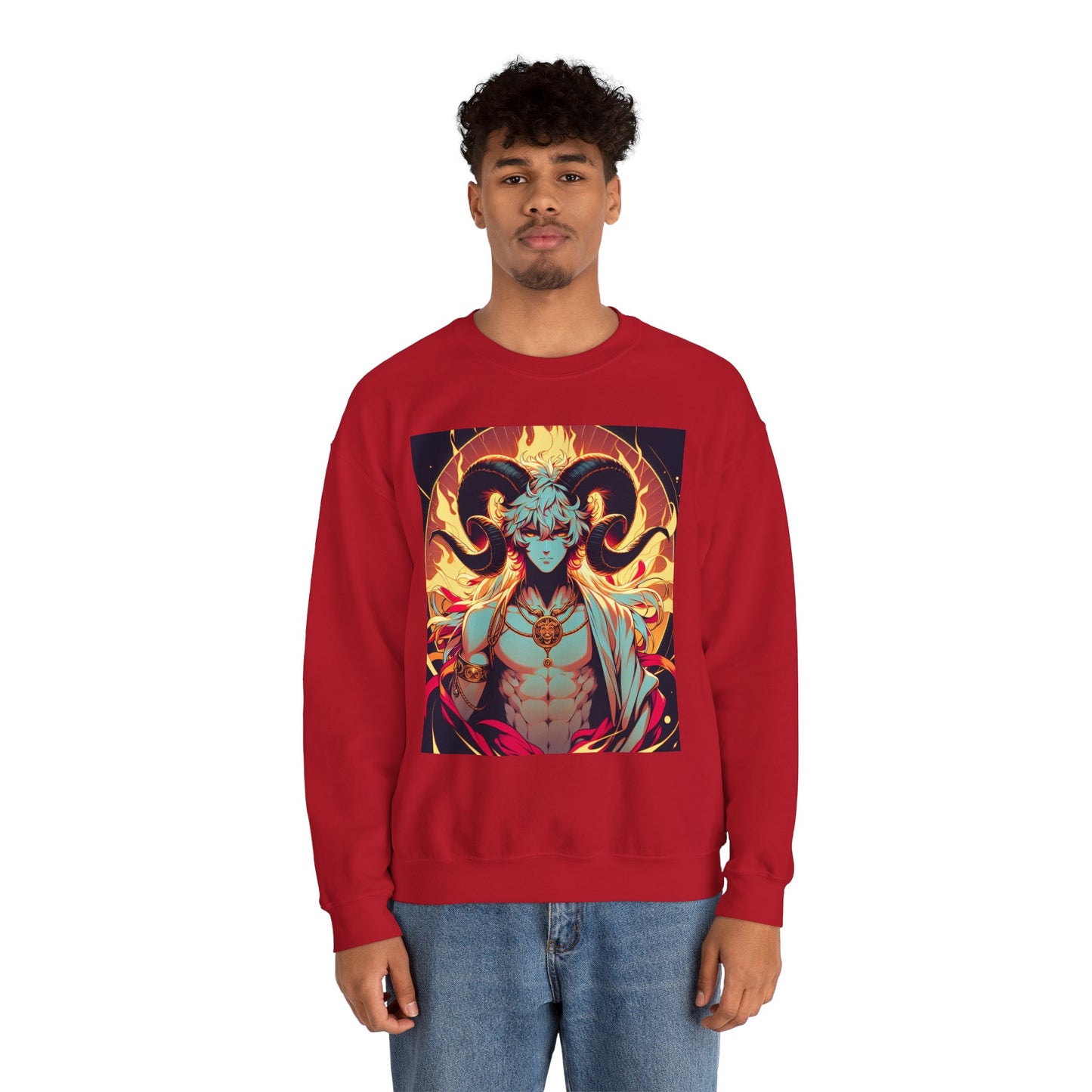 Unisex Heavy Blend™ Crewneck Sweatshirt, Anime Fire Aries, Zodiac Design