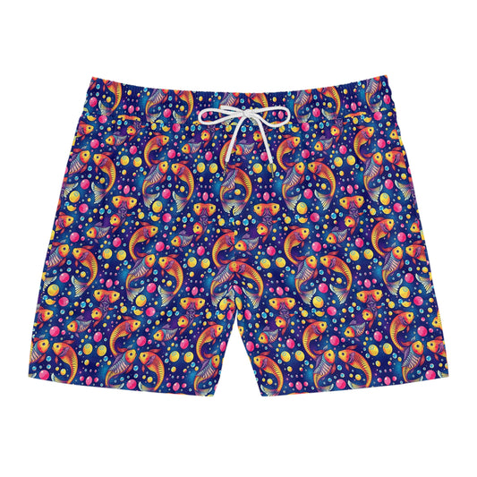 Men's Mid-Length Swim Shorts, (AOP), Pisces, Zodiac v4, Bubble Pattern