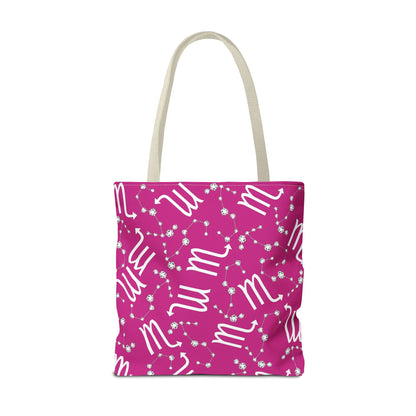 Tote Bag, Scorpio Zodiac Sign, AOP, (Pink, White)