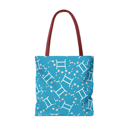 Tote Bag, Gemini Zodiac Sign, AOP, (Turquoise, White Print)