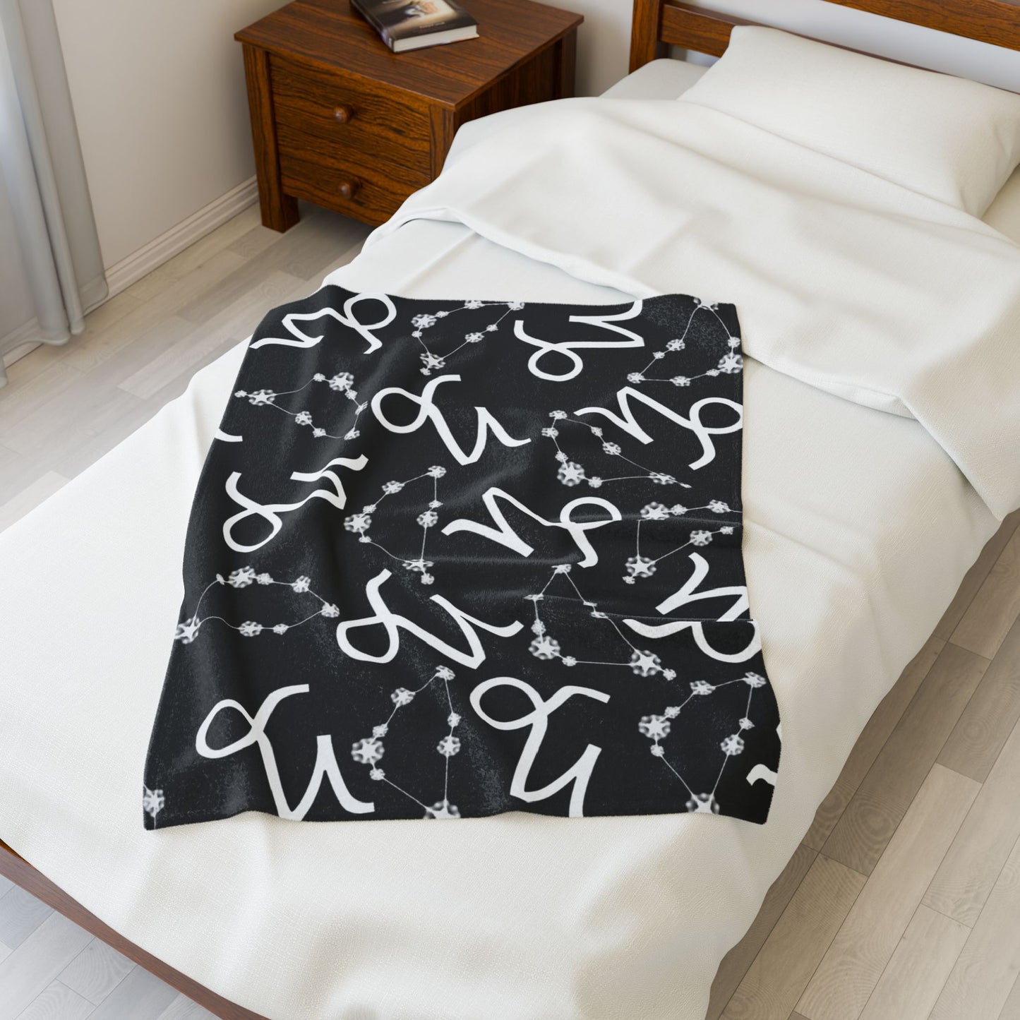Velveteen Plush Blanket, Capricorn Zodiac Sign, Constellation & Symbol, Black, 100% polyester